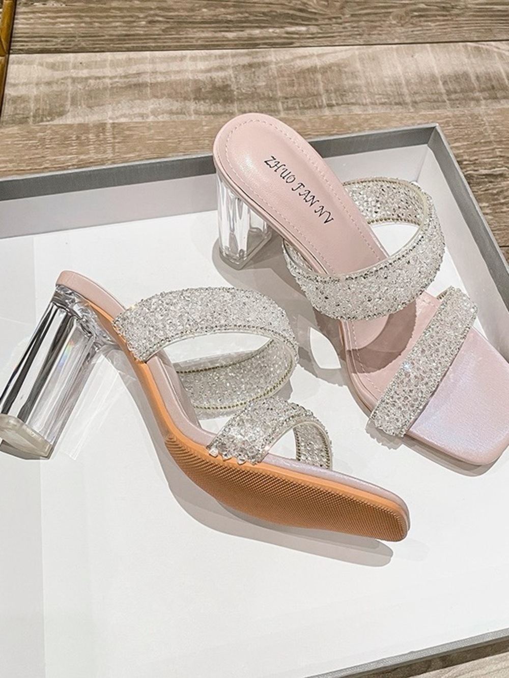 Sparkling Pink Jeweled Clear Heel Mules